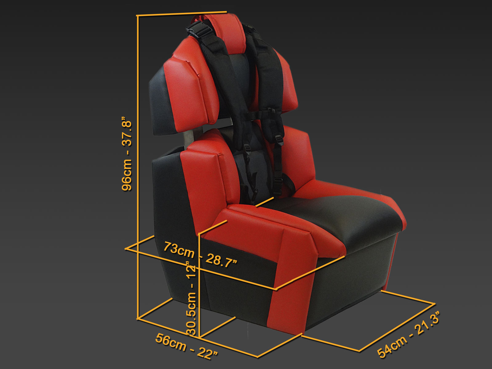 Simulateur dynamique GS-Cobra, vue avec dimensions en centimètres et pouces