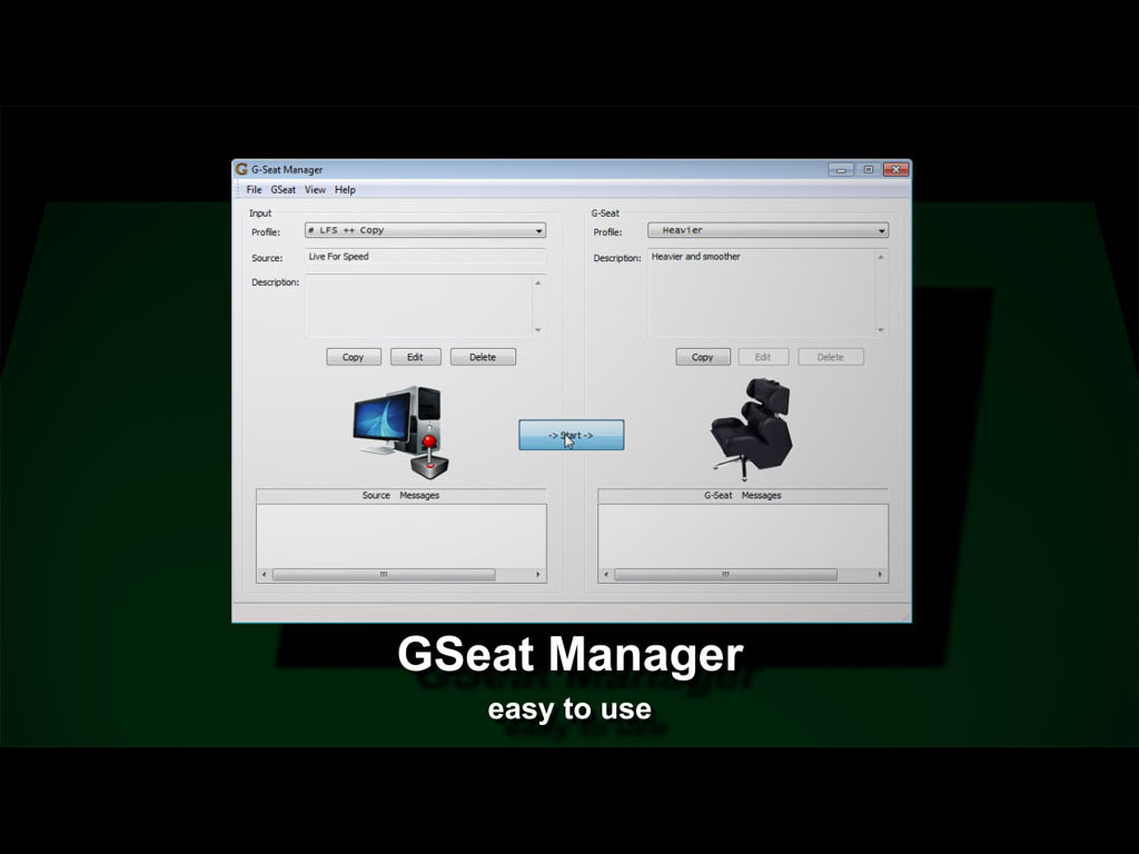 GSeat Manager, logiciel pour les simulateurs dynamiques GS-105/GS-Cobra, fenêtre principale