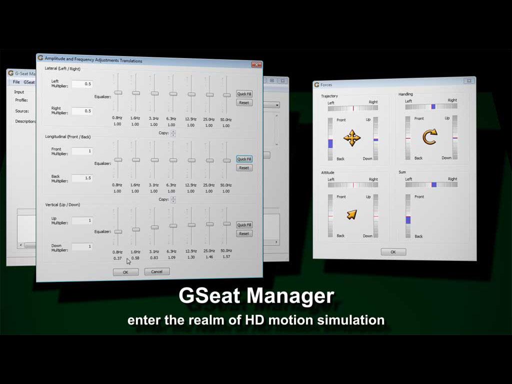 GSeat Manager, logiciel pour les simulateurs dynamiques GS-105/GS-Cobra, fenêtres d'édition avancée et de visualisation des forces